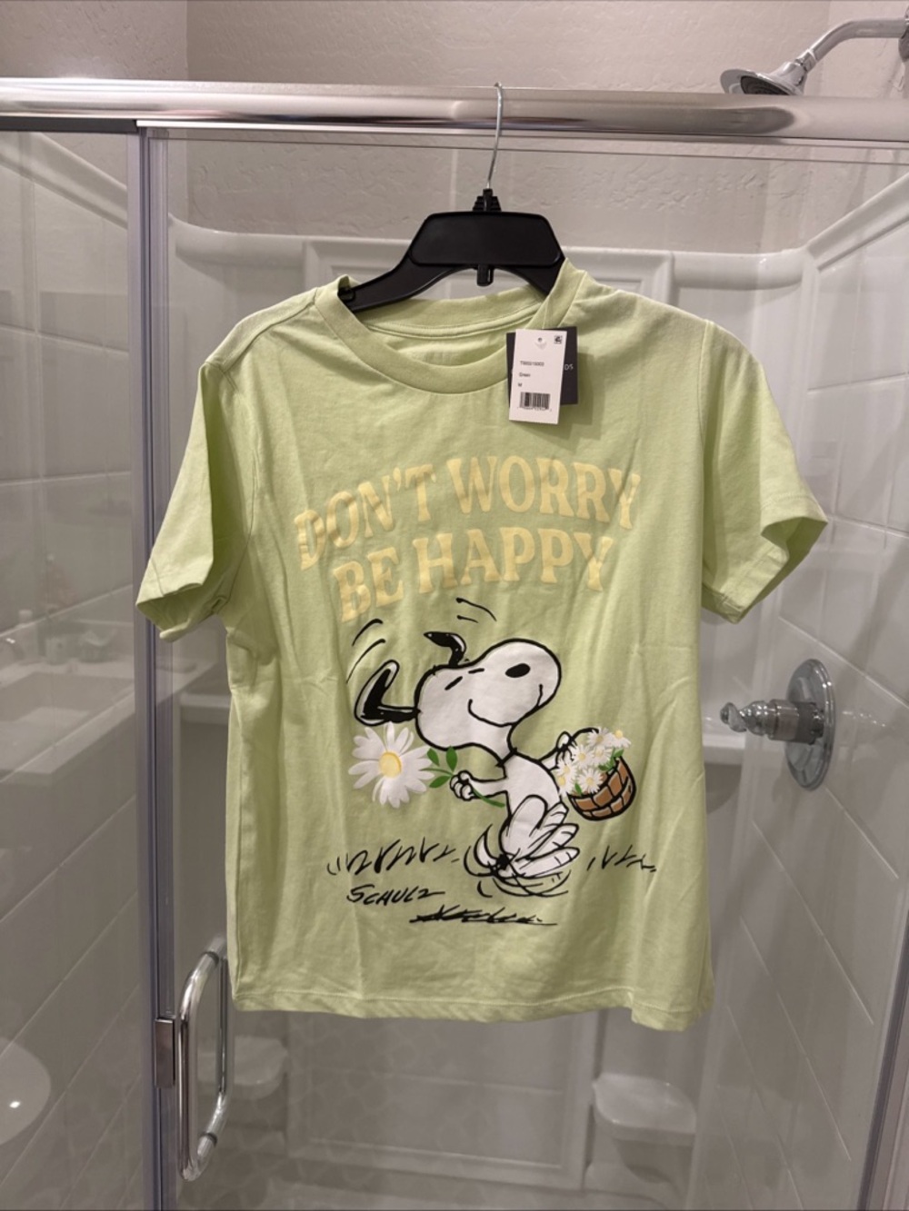 Womens Don't Worry Be Happy' Snoopy T‑Shirt - Light Green